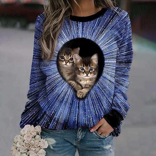 

Mujer Camiseta Amarillo Azul Piscina Morado Gato 3D Estampado Manga Larga Diario Fin de semana Básico Escote Redondo Regular Gato 3D Pintura S
