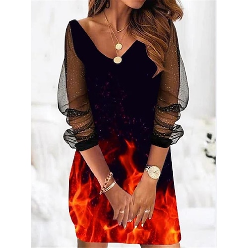 

Women's Casual Dress Shift Dress Mini Dress Black And White Black White Long Sleeve Heart Mesh Summer Spring V Neck Fashion Loose Fit 2023 S M L XL XXL 3XL 4XL 5XL