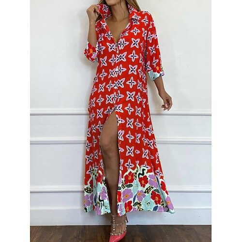 

Mujer Vestido de Camisa Vestido de cambio Vestido de flores vestido largo vestido largo Blanco Amarillo Rojo Manga 3/4 Graphic Separado Otoño Primavera Cuello Camisero Moda Vacaciones vestido de otoño