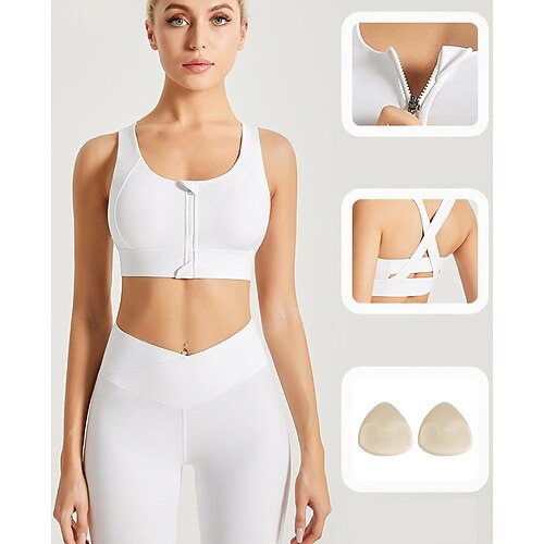 

Women's High Support Sports Bra Running Bra Cross Back Zip Front Bra Top Padded Yoga Fitness Gym Workout High Impact Breathable Soft Black Purple White Solid Colored