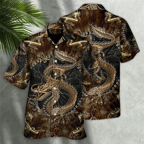 

Hombre Camisa camisa hawaiana Dragón Estampados Cuello Vuelto Negro Casual Festivos Manga Corta Abotonar Estampado Ropa Tropical Moda Hawaiano Suave