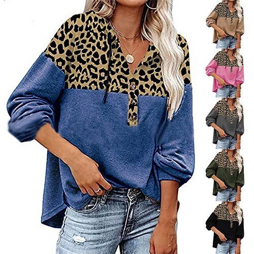 

Per donna Felpa con cappuccio Collage Leopardato Animali Classico Moderno Con cappuccio Spesso Inverno Nero Rosa Blu Verde Cachi