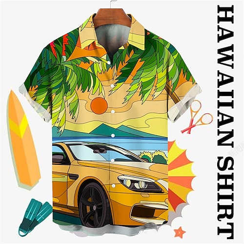 

Men's Shirt Car Scenery Graphic Prints Graffiti Turndown Yellow Purple Street Casual Short Sleeves Button-Down Print Clothing Apparel Tropical Fashion Designer Hawaiian