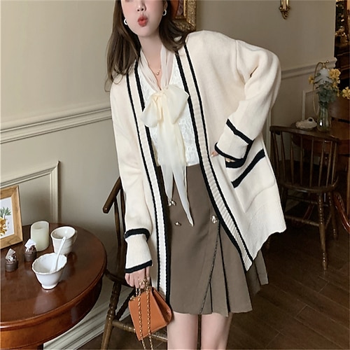

Mulheres Sueter Cardigan Saltador Waffle Tricotar Vazado Bolsos Côr Sólida Decote V Casual Diário Final de semana Inverno Outono Preto Branco Tamanho Único