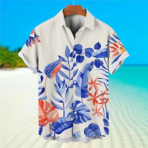 

Men's Shirt Summer Hawaiian Shirt Graphic Prints Leaves Turndown Blue Fuchsia Street Casual Short Sleeves Button-Down Print Clothing Apparel Tropical Fashion Hawaiian Designer