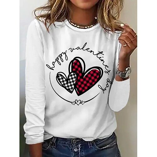 

Women's T shirt Tee White Pink Beige Plaid Heart Print Long Sleeve Valentine Weekend Basic Round Neck Regular Painting S