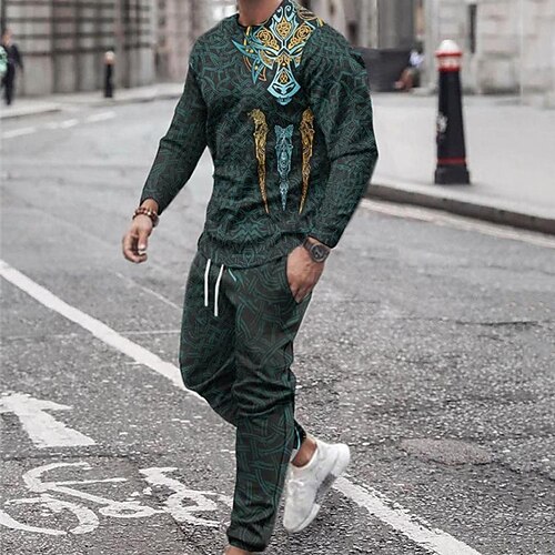

Men's Tracksuit Sweatsuit Hoodies Set Blue Crew Neck Graphic 2 Piece Print Sports Outdoor Casual Sports 3D Print Basic Streetwear Sportswear Fall Spring Clothing Apparel Viking Hoodies Sweatshirts