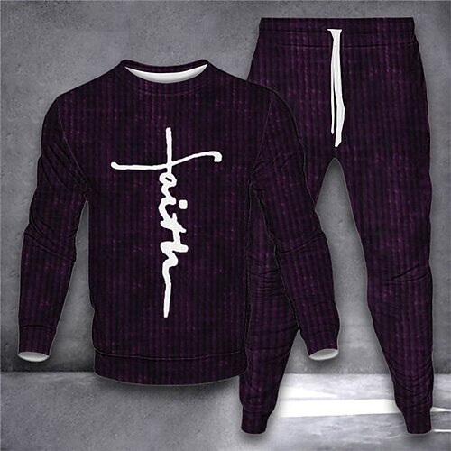

Men's Tracksuit Sweatsuit Hoodies Set Black Navy Blue Purple Green Crew Neck Graphic Slogan Cross 2 Piece Print Sports Outdoor Casual Sports 3D Print Basic Streetwear Sportswear Fall Spring