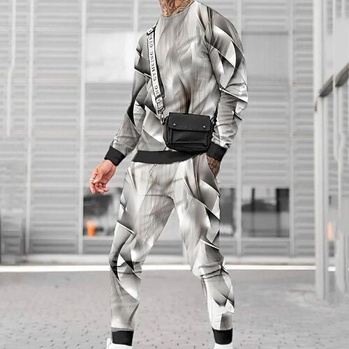 

Men's Tracksuit Hoodies Set Gray Crew Neck Graphic Geometric 2 Piece Print Sports Outdoor Casual Sports 3D Print Basic Streetwear Sportswear Fall Spring Clothing Apparel Hoodies Sweatshirts