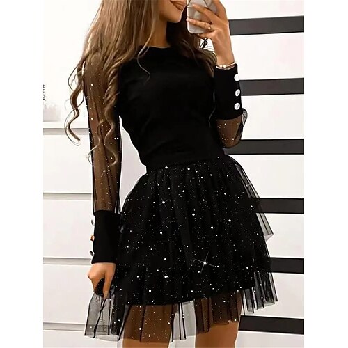 

Women's Party Dress Sheath Dress Mini Dress Black Long Sleeve Pure Color Mesh Winter Fall Spring Crew Neck Fashion Party Spring Dress Slim 2023 S M L XL