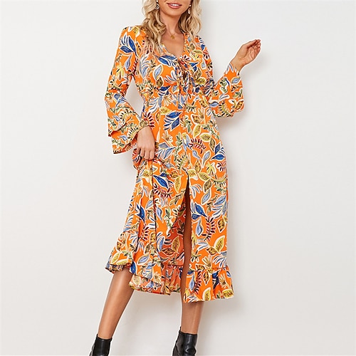 

robe longue Femme Robe casual manche longue Eté Printemps - Mode Romantique Fendu Imprimer Graphic Manches Evasées Col V Ample 2023 Orange M L XL