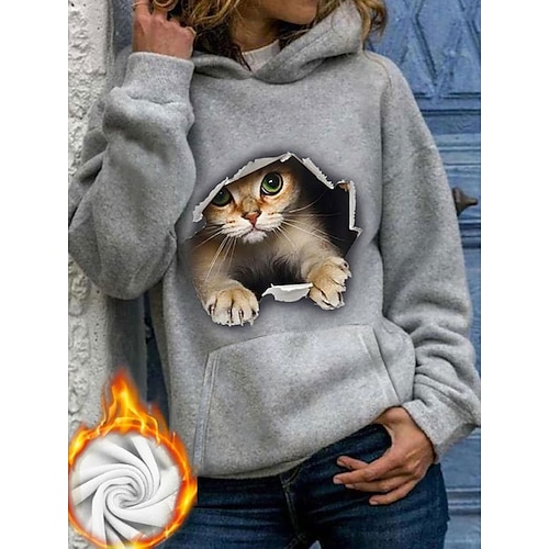 

Damen Hoodie Sweatshirt Kapuze Zur Seite fahren Sherpa-Fleece Teddy Schwarz Khaki Dunkelgray Katze Strasse Kapuzenpullover Langarm Vlies