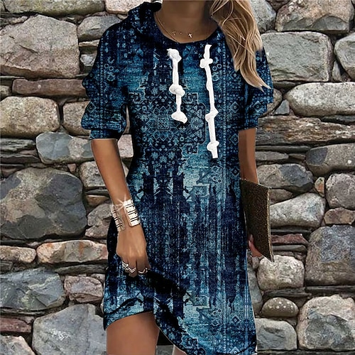 

Women's Casual Dress Hoodie Dress Shift Dress Mini Dress Blue Long Sleeve Graphic Print Winter Fall Spring Hooded Fashion Daily 2022 S M L XL XXL 3XL