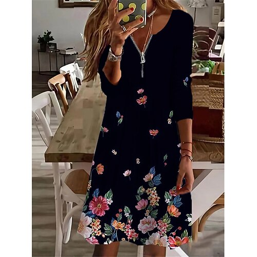 

Women's Casual Dress T Shirt Dress Tee Dress Mini Dress White Red Purple Long Sleeve Flower Zipper Winter Fall Spring V Neck Fashion Daily 2023 S M L XL XXL 3XL 4XL 5XL