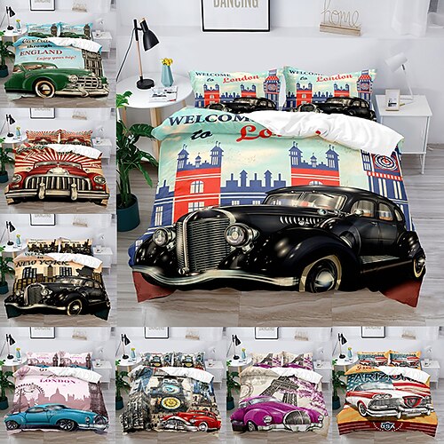

Duvet Cover Set Boy Gife For Kid Gife 2/3 Piece Bedding Set with 1 or 2 Pillowcase(Single Twin only 1pcs)Car Model Beauty Retro Style Classic Sports Car London