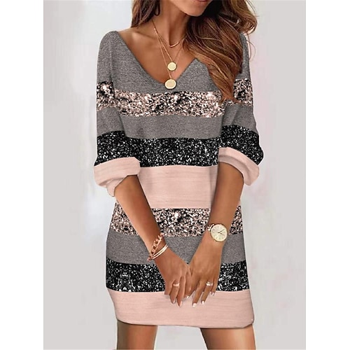 

Women's Casual Dress Shift Dress Mini Dress Pink Long Sleeve Striped Zipper Winter Fall Spring V Neck Fashion Daily Loose Fit 2023 S M L XL XXL 3XL