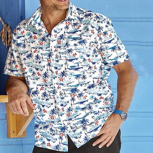 

Men's Shirt Summer Hawaiian Shirt Button Up Shirt Casual Shirt Beach shirt Graphic Coconut Tree Turndown White Blue / White Casual Daily Short Sleeve Button-Down Print Clothing Apparel Cotton Basic