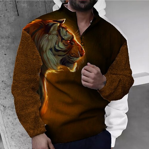 

Men's Zip Up Sweatshirt Pullover Brown Half Zip Animal Tiger Graphic Prints Zipper Print Daily Sports 3D Print Basic Designer Casual Spring Fall Clothing Apparel Hoodies Sweatshirts