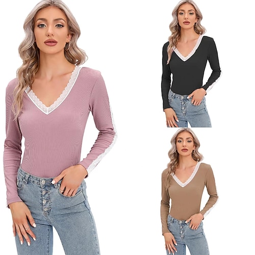 

Women's Shirt Blouse Pink purple Black khaki Plain Lace Trims Long Sleeve Casual Basic V Neck Regular S