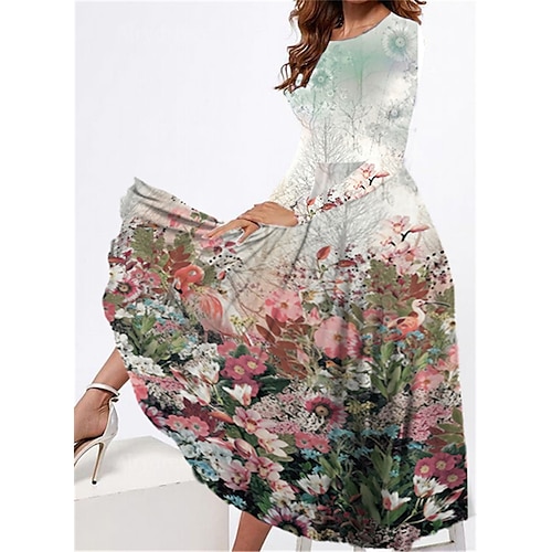 

Mulheres Vestido casual Vestido Swing Vestido midi Branco Azul Manga Longa Floral Bolsos Inverno Outono Primavera Gola Redonda Moda Diário Final de semana 2023 S M L XL XXL 3XL