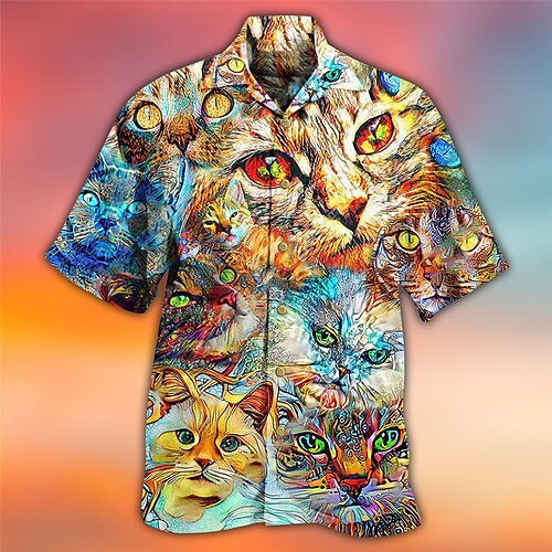 

Men's Shirt Summer Hawaiian Shirt Cat Graphic Prints Turndown Blue Casual Holiday Short Sleeve Button-Down Print Clothing Apparel Tropical Fashion Hawaiian Soft