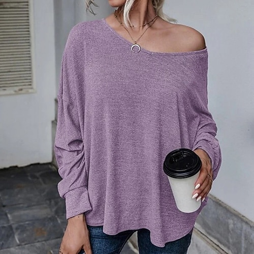 

Women's T shirt Tee Lake blue Gray blue Light Purple Leopard Plain Long Sleeve Daily Weekend Basic V Neck Regular Cotton S