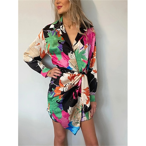 

Women's Casual Dress Shirt Dress Sheath Dress Mini Dress Black Pink Blue Long Sleeve Graphic With Belt Winter Fall Spring Shirt Collar Fashion Daily Fall Dress 2023 S M L XL 2XL 3XL