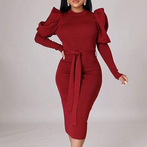 

Damen Arbeitskleidung Bodycon Etuikleid Midikleid Schwarz Wein Grün Langarm Einfarbig mit Schnürung Winter Herbst Frühling Rundhalsausschnitt Klassisch B¨¹ro Täglich 2023 S M L XL 2XL