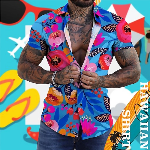 

Herren Hemd Blumen Grafik-Drucke Blätter Umlegekragen Rosa Blau Strasse Casual Kurze Ärmel Button-Down Bedruckt Bekleidung Tropisch Modisch Designer Hawaiianisch