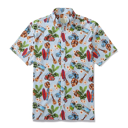

Men's Shirt Car Guitar Leaves Turndown Blue 3D Print Outdoor Street Short Sleeves Button-Down Print Clothing Apparel Tropical Fashion Designer Hawaiian
