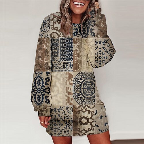 

Women's Casual Dress Sweatshirt Dress Shift Dress Mini Dress Yellow Pink Green Long Sleeve Geometric Print Winter Fall Spring Round Neck Fashion Daily Loose Fit 2023 S M L XL XXL 3XL