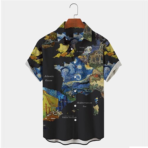 

Men's Shirt Map Graphic Prints Turndown Black 3D Print Outdoor Street Short Sleeves Button-Down Print Clothing Apparel Tropical Fashion Designer Hawaiian