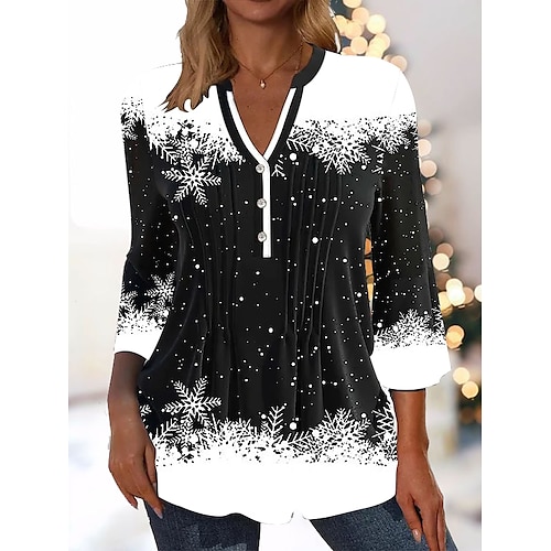 

Damen Hemd Bluse Graphic Bedruckt Schneeflocke Schwarz Weiß Rote Bedruckt Taste Fließende Tunika Langarm Weihnachten Weihnachten V Ausschnitt Regular Fit Herbst Winter