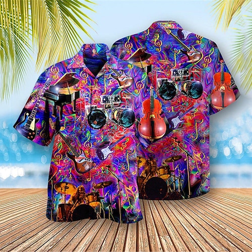 

Homens Camisa Social Camisa havaiana Estampas Abstratas Instrumento Musical Aberto para a Lateral Roxo Casual Para Noite Manga Curta Botão para baixo Imprimir Roupa Tropical Havaiana Designer Casual