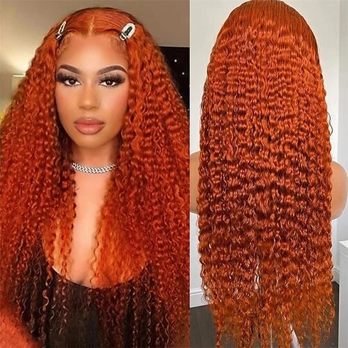

ingefær orange menneskehår hd blonde front parykker færdigplukkede brasiliansk remy farvet deep wave brændt orange rød 13x4 limfri blonde frontal paryk til sorte kvinder 150% tæthed 22 tommer
