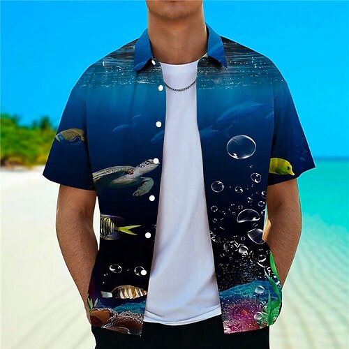 

Men's Shirt Graphic Prints Fish Underwater World Turndown Red Blue 3D Print Street Daily Short Sleeves Button-Down Print Clothing Apparel Tropical Fashion Designer Hawaiian