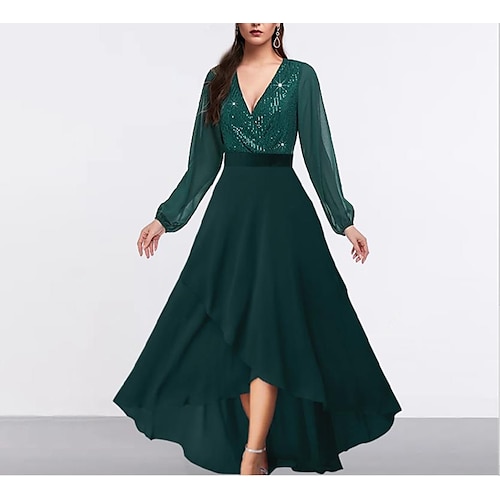 

Linjeform Kjole til brudens mor Formell Elegant Glitrende Asymmetrisk lengde V-hals Asymmetrisk Te-lengde Chiffon Paljetter Kortermet med Paljett 2023