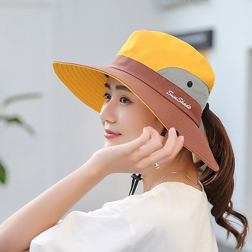Sun Hat for Women UV Protection Bucket Fishing Hat with Ponytail-Hole, Foldable Outdoor Sun Hats Mesh Wide Brim Beach Hat