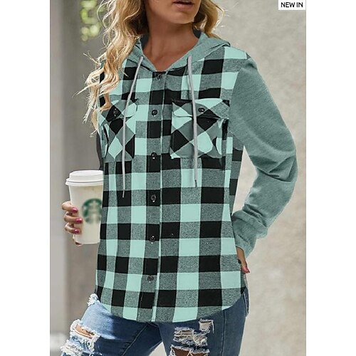 

Per donna Camicia Blusa Verde Grigio A quadri Pulsante Tasche Manica lunga Informale Essenziale Con cappuccio Standard S