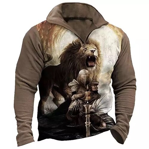 

Men's Zip Up Sweatshirt Pullover Brown Coffee Half Zip Lion Graphic Prints Zipper Print Daily Sports 3D Print Basic Designer Casual Spring Fall Clothing Apparel Knight Hoodies Sweatshirts