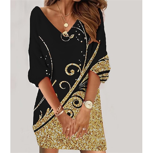 

Women's Sweatshirt Dress Shift Dress Sweat Dress Mini Dress Black White Blue 3/4 Length Sleeve Floral Print Winter Fall Spring V Neck Fashion Daily 2022 S M L XL XXL 3XL