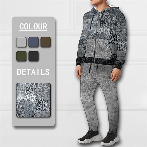 

Men's Tracksuit Hoodies Set Full Zip Hoodie Blue Brown Green Dark Gray Gray Hooded Graphic Bohemian Style Zipper 2 Piece Print Sports Outdoor Casual Sports 3D Print Basic Streetwear Designer Fall