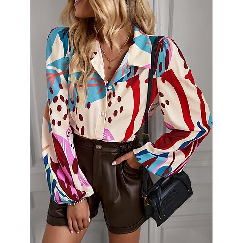 

Women's Shirt Blouse Red Graphic Button Print Long Sleeve Casual Basic Shirt Collar Regular S