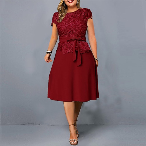 

Per donna Plus Size Abito di pizzo Tinta unica Girocollo Manica corta Primavera Estate Di tendenza Elegante Moderno Vestito longuette Ufficio Vestito
