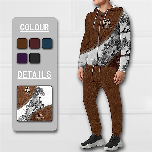 

Men's Tracksuit Hoodies Set Full Zip Hoodie Red Blue Purple Brown Dark Gray Hooded Graphic Animal Horse Zipper 2 Piece Print Sports Outdoor Casual Sports 3D Print Basic Streetwear Designer Fall