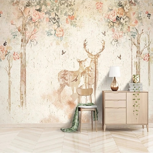 

Bosque paisaje pintura al óleo tv fondo papel tapiz sala de estar dormitorio pintura decorativa pintado a mano alce mural papel tapiz