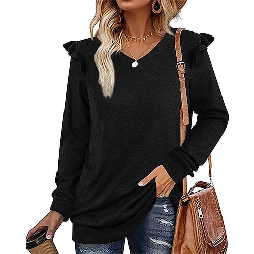 

Women's T shirt Tee ArmyGreen Black Pink Plain Ruffle Long Sleeve Casual Daily Basic V Neck Regular S