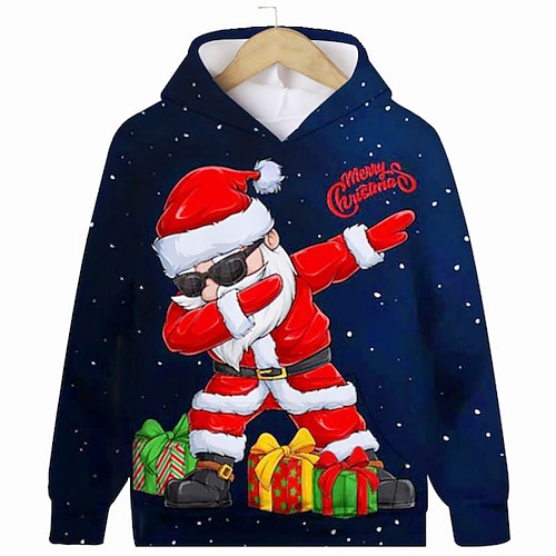 

дети мальчики рождественский толстовка пуловер графический Санта-Клаус уродливый длинный рукав карман дети топ открытый балахон мода милый белый зима 7-13 лет