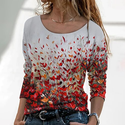 

Dame T-shirt Lyserød Rød Blå Blomstret Trykt mønster Langærmet Ferie Weekend Basale Rund hals Normal Blomster Tema Maleri S