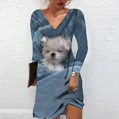

Women's Casual Dress T Shirt Dress Tee Dress Shift Dress Mini Dress Blue Green Light Blue Long Sleeve Animal Pocket Winter Fall Spring V Neck Fashion Daily 2023 S M L XL XXL 3XL